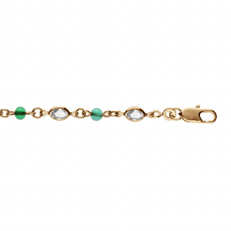 Bracelet mode navette transparente en plaqué or avec perle synthétique verte
