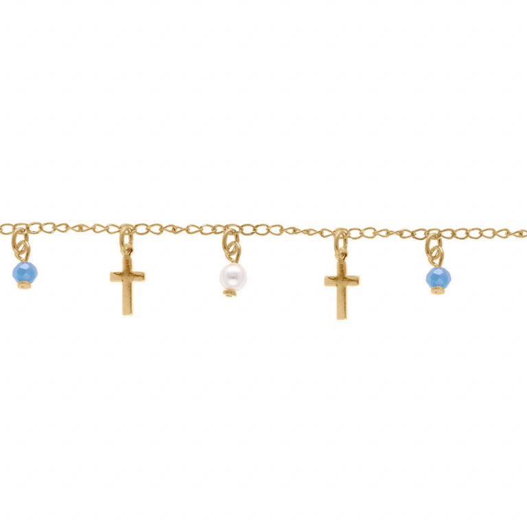 Bracelet mode pampilles croix et perles synthétiques blanche et bleue en Plaqué Or