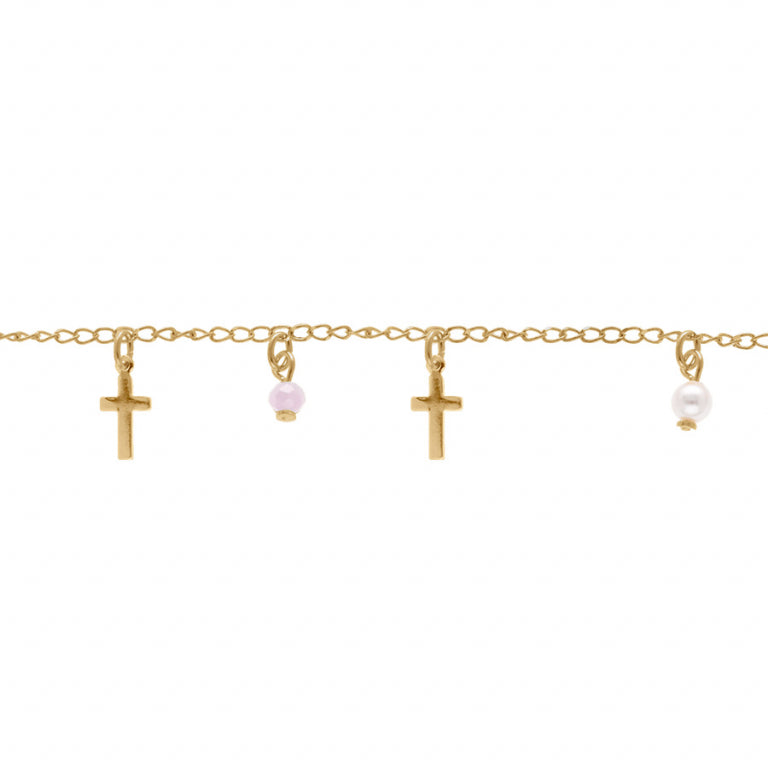 Bracelet mode croix et perles synthétiques en plaqué or