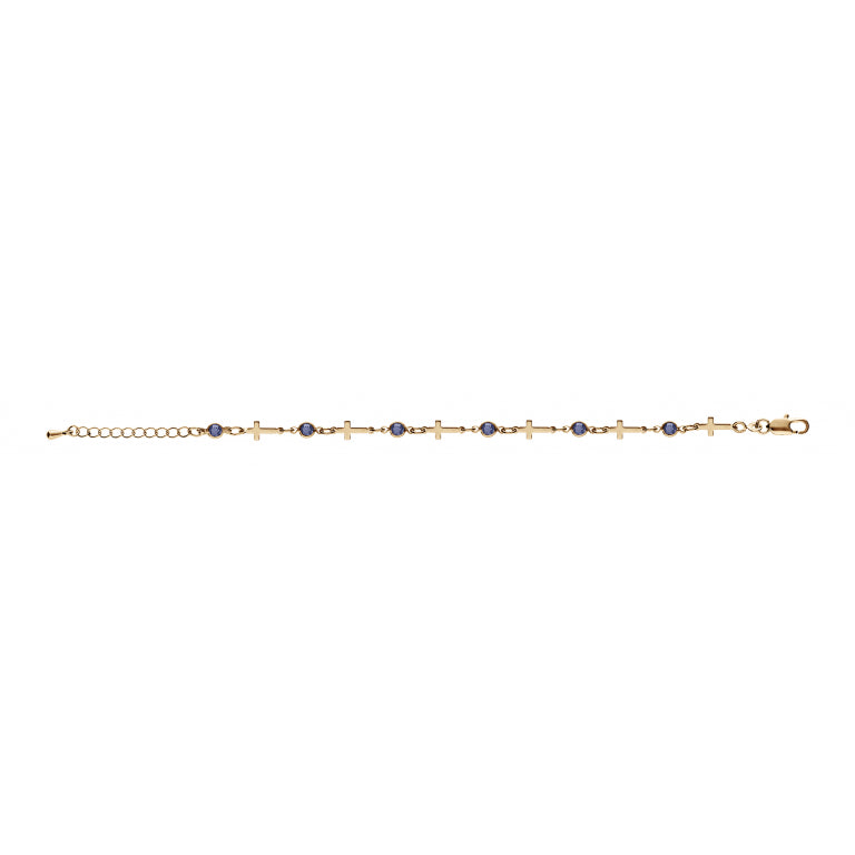 Bracelet plaqué or motif croix avec oxydes bleus lumineux