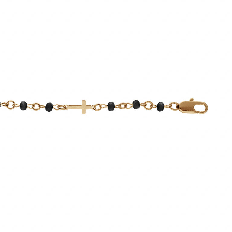 Bracelet mode croix et perles synthétiques noires en plaqué or