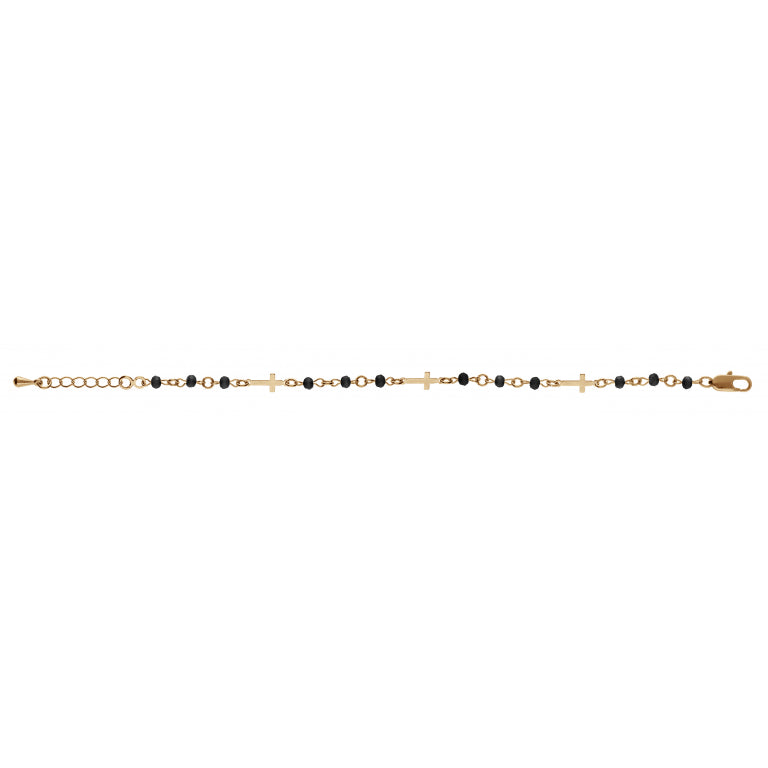 Bracelet plaqué or motif croix et perles noires élégant