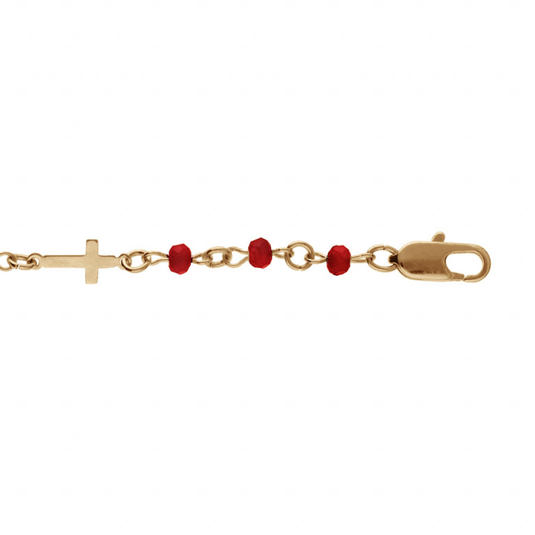 Bracelet croix et perles synthétiques rouges en plaqué or