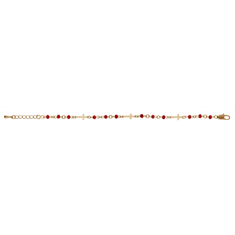 Bracelet mode plaqué or motif croix avec perles rouges