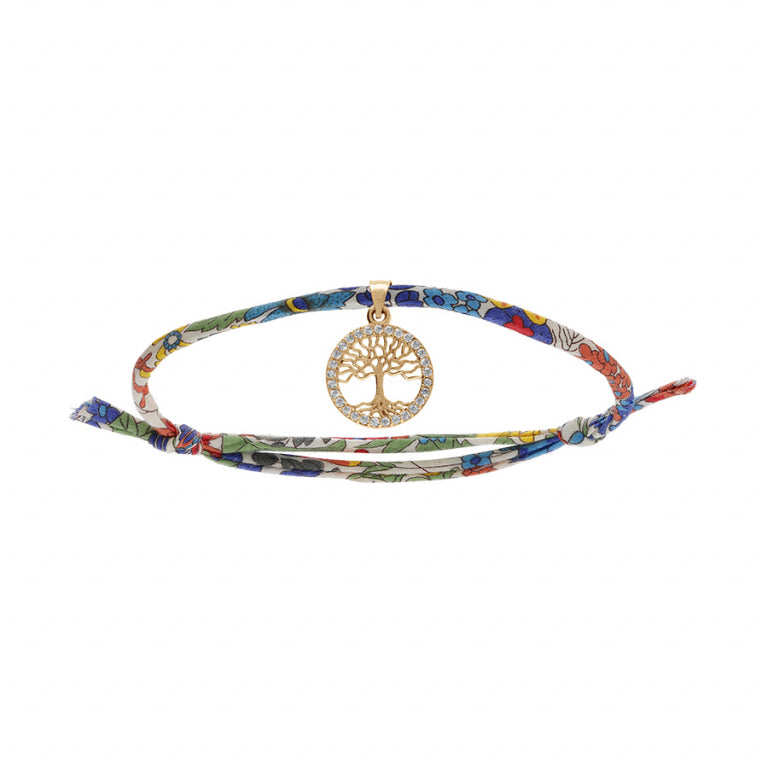 Bracelet arbre de vie en plaqué or avec oxydes blancs et tissu Liberty fleuri