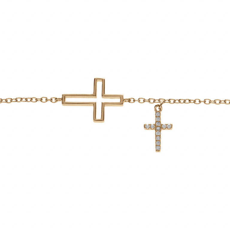 Bracelet mode double croix en plaqué or avec pavage oxydes blancs