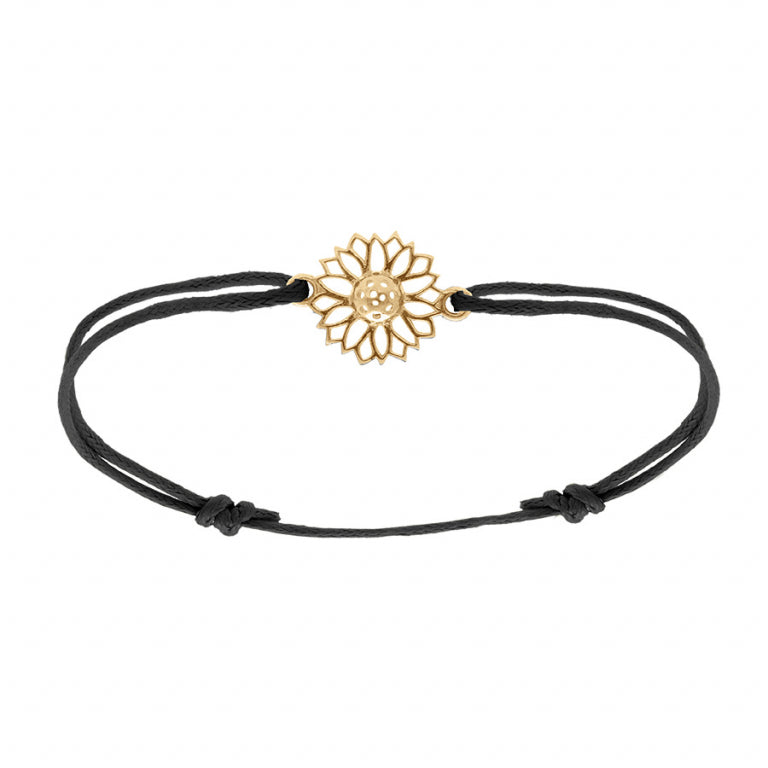 Bracelet mode fleur tournesol en plaqué or avec cordon noir