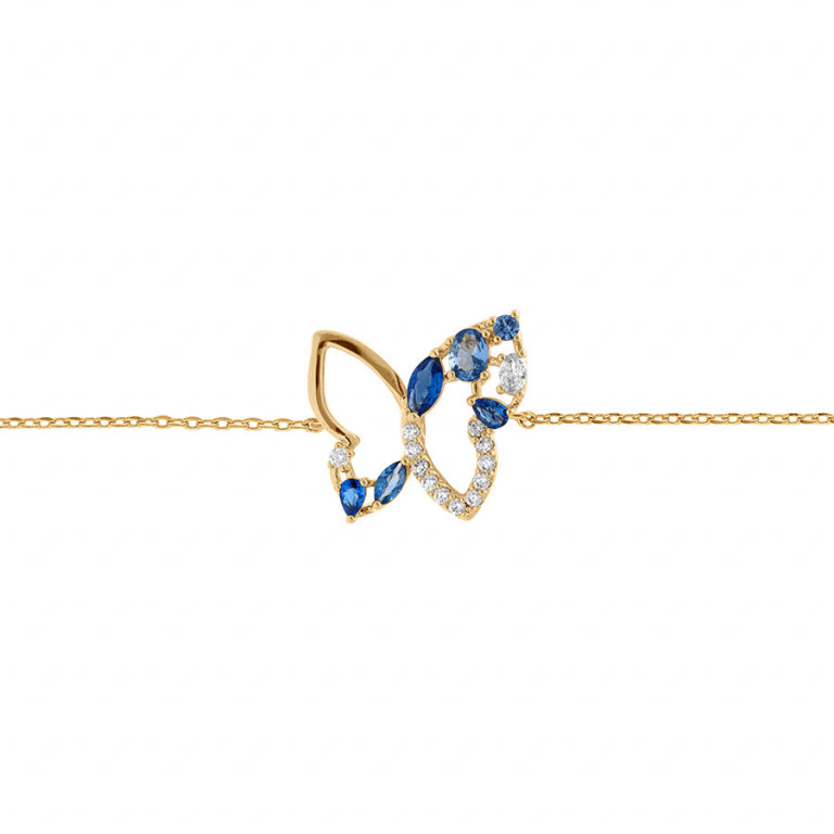 Bracelet papillon ajouré en plaqué or avec oxydes de zirconium bleus et blancs