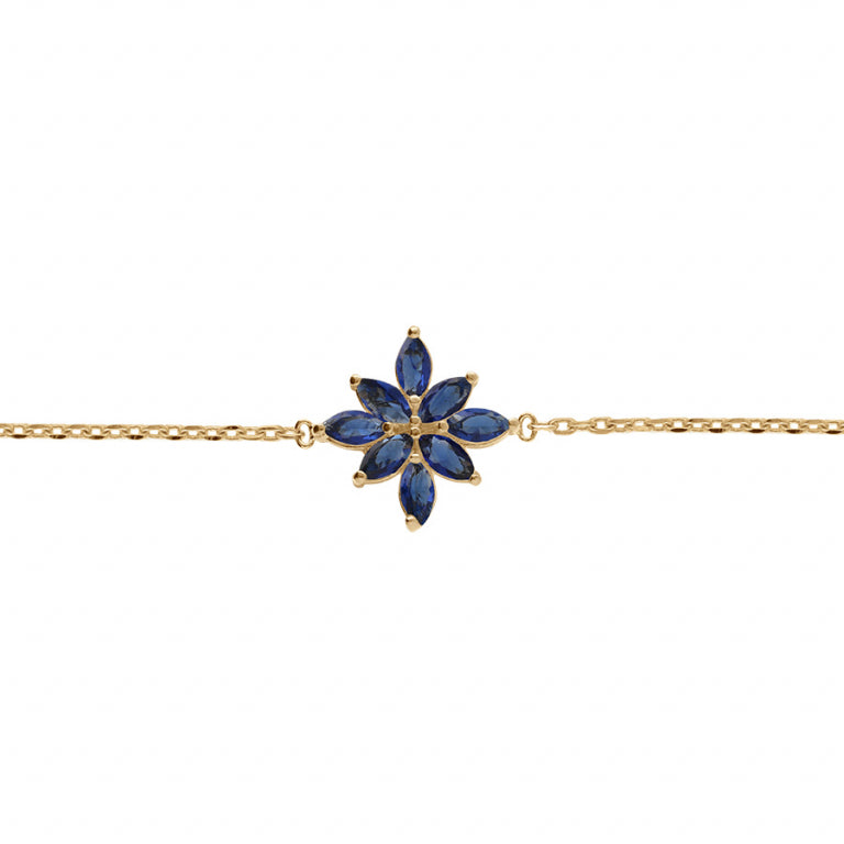 Bracelet mode fleur en plaqué or avec oxydes de zirconium bleus