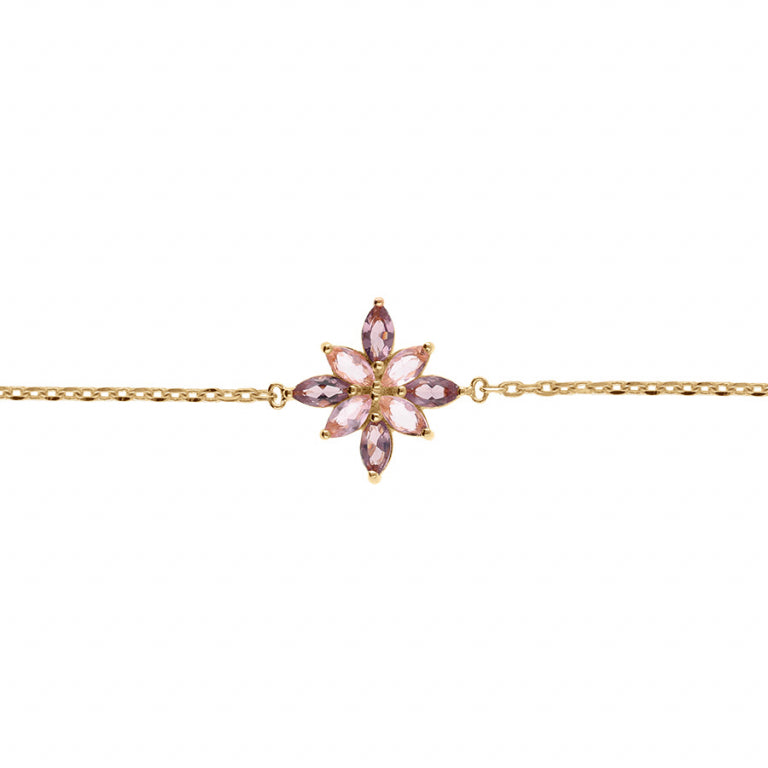 Bracelet mode fleur oxydes violets et roses en plaqué or