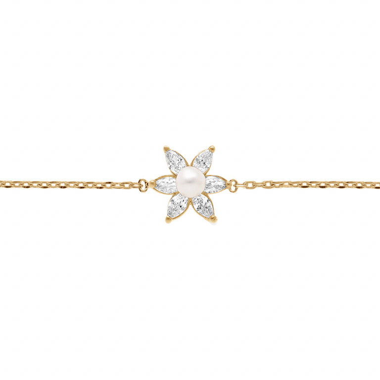 Bracelet mode fleur en plaqué or avec oxydes blancs et perle d'eau douce