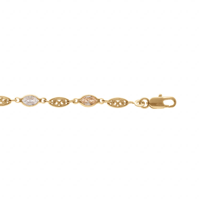 Bracelet mode motif filigrane et navettes oxydes multicolores en plaqué or