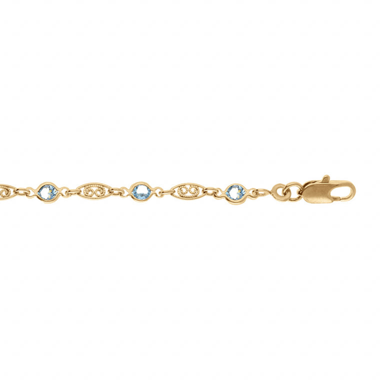 Bracelet mode filigrane en plaqué or avec oxydes bleu ciel
