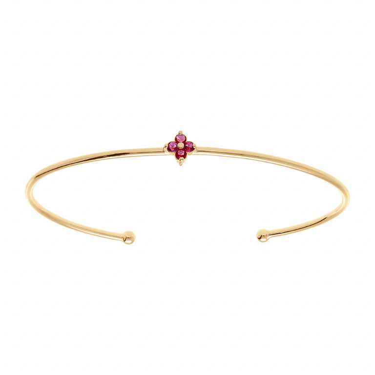 Bracelet mode jonc ouvert fleur en plaqué or avec oxydes de zirconium rouges