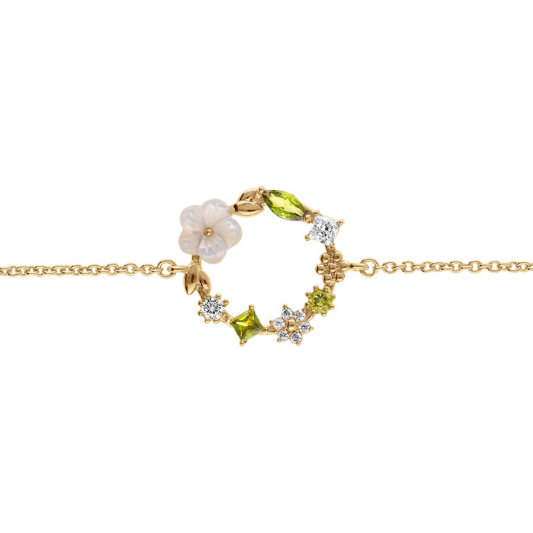 Bracelet mode jardin fleuri en plaqué or avec oxydes blancs et vert olive