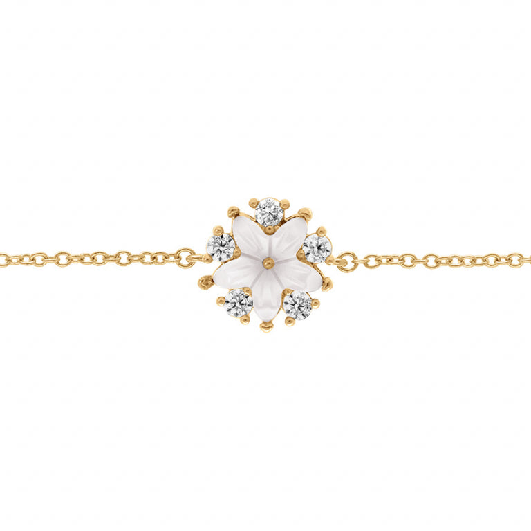 Bracelet mode fleur en nacre véritable et oxydes blancs en plaqué or