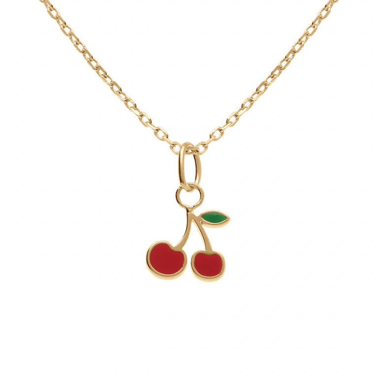 Collier mode cerise en plaqué or avec pendentif coloré
