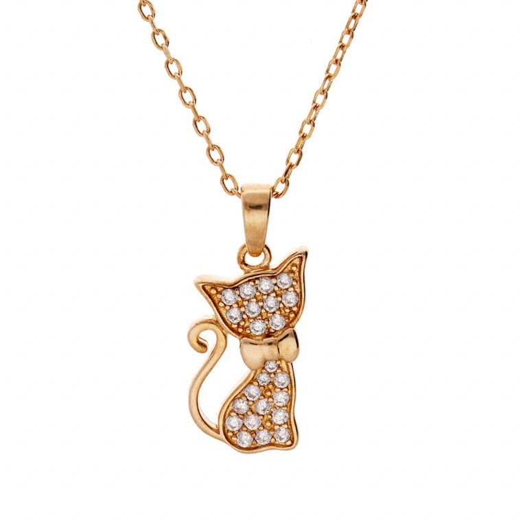 Collier mode pendentif chat en plaqué or avec oxydes blancs