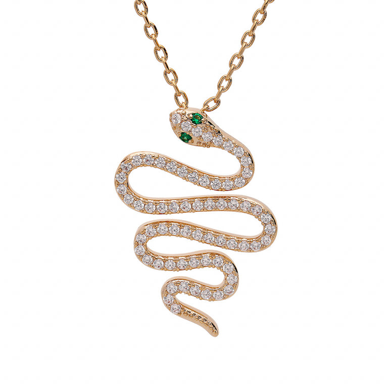 Collier mode motif serpent en plaqué or avec oxydes blancs et yeux verts