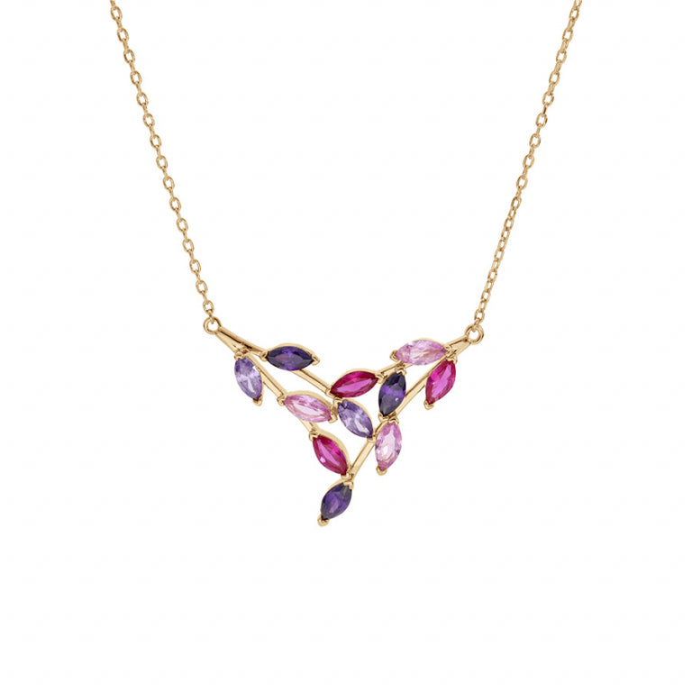 Collier mode forme pointe en plaqué or avec oxydes de zirconium violet rose fuschia