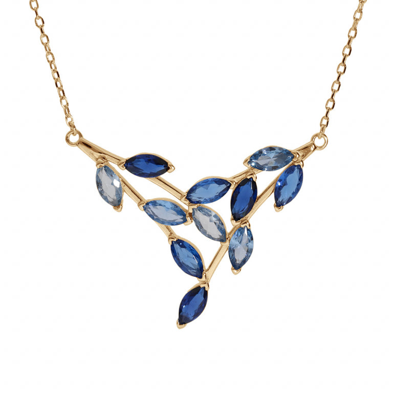 Collier forme pointe en plaqué or avec oxydes de zirconium bleu ciel et bleu foncé