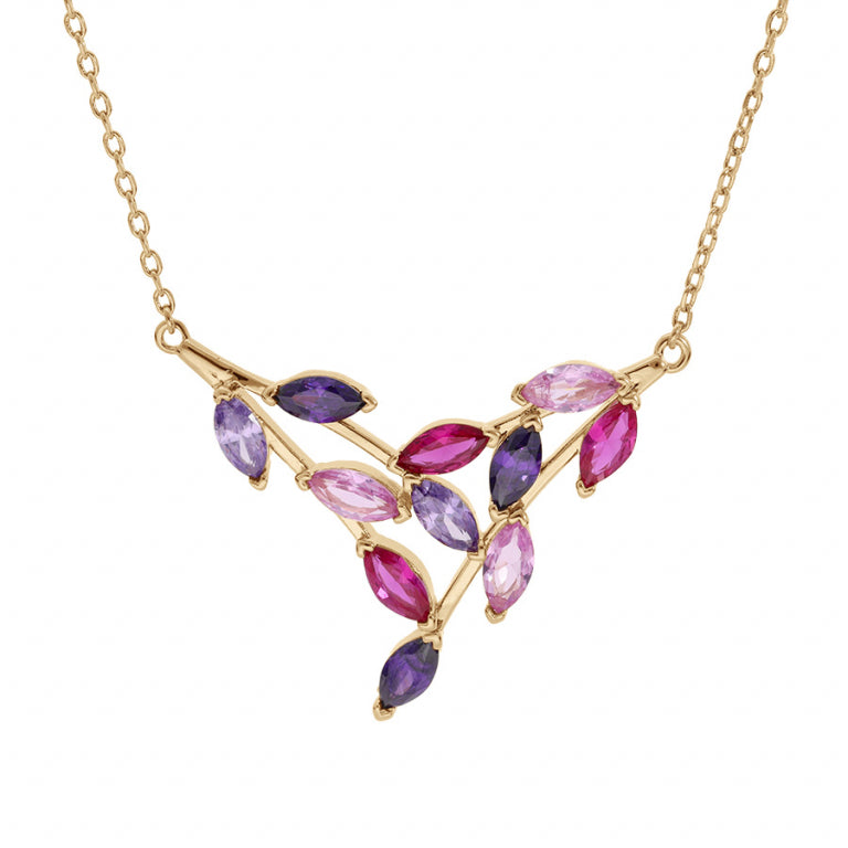 Collier mode forme pointe en plaqué or avec oxydes de zirconium violet rose fuschia