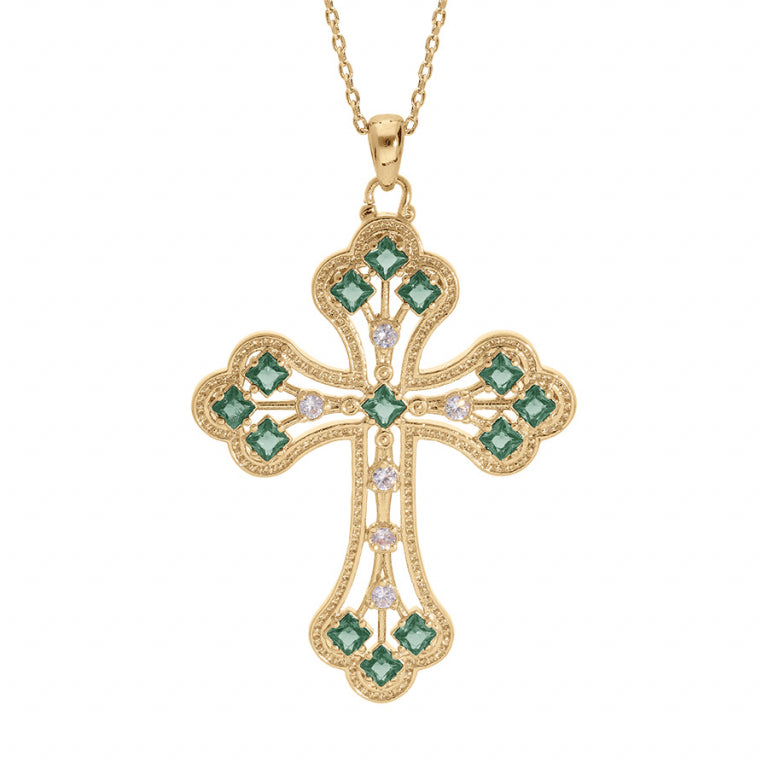 Collier croix en plaqué or avec oxydes verts foncés