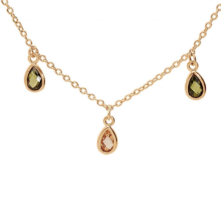 Collier pampilles gouttes oxydes verts et orangés en plaqué or