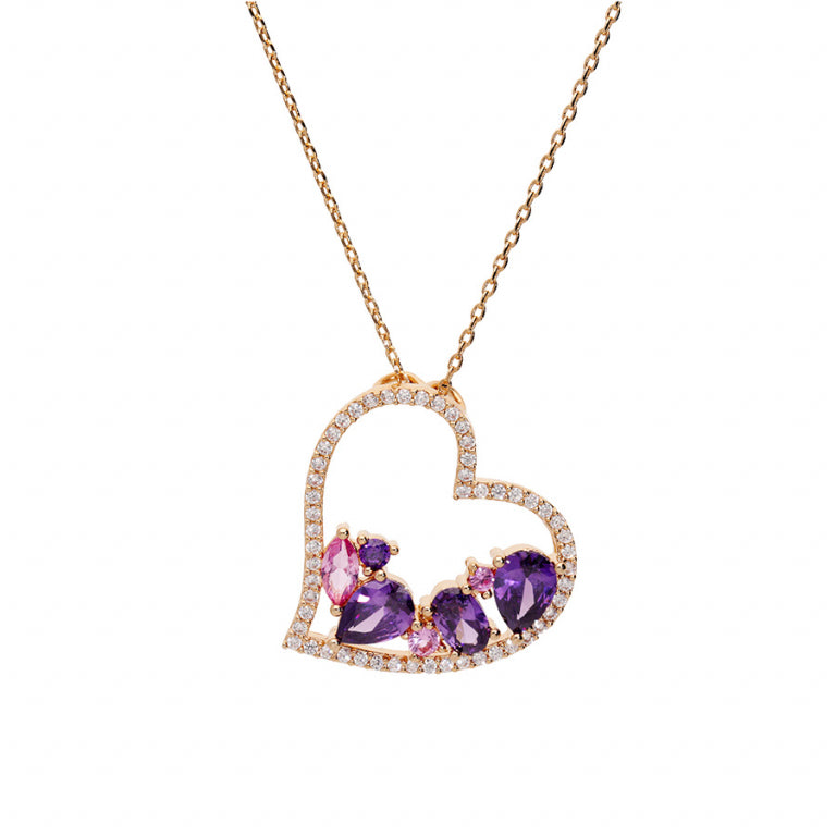 Collier coeur en plaqué or avec oxydes violets et roses