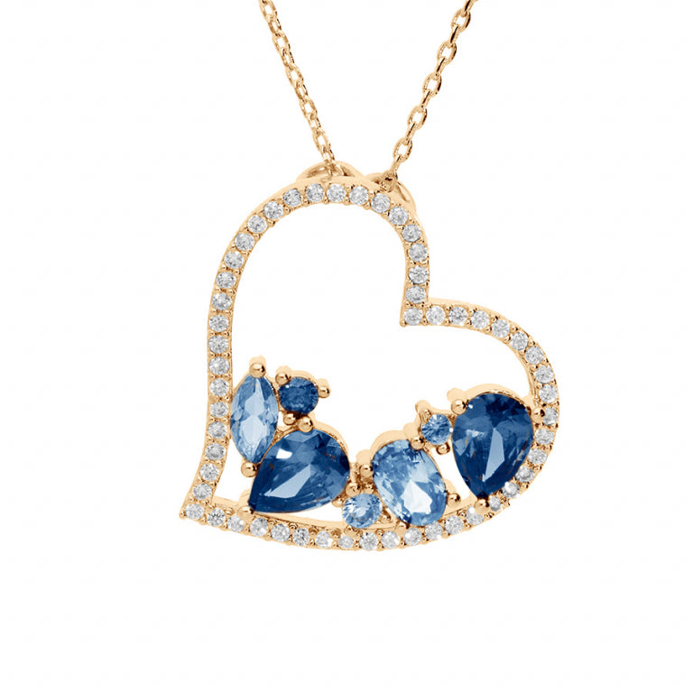 Collier mode cœur en plaqué or avec oxydes de zirconium bleus et blancs