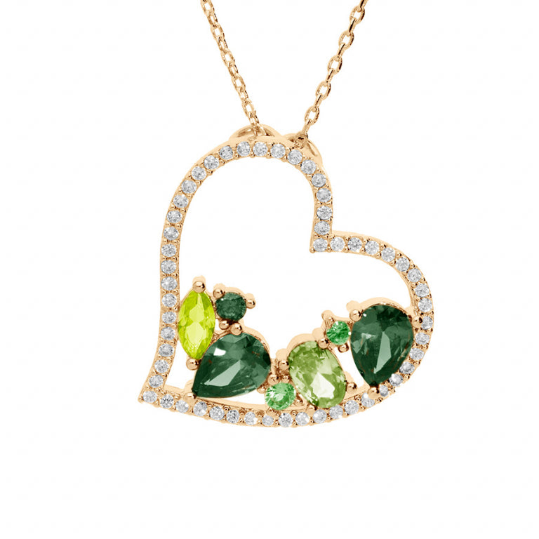 Collier mode cœur en plaqué or avec oxydes verts et blancs