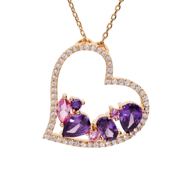 Collier coeur en plaqué or avec oxydes violets et roses