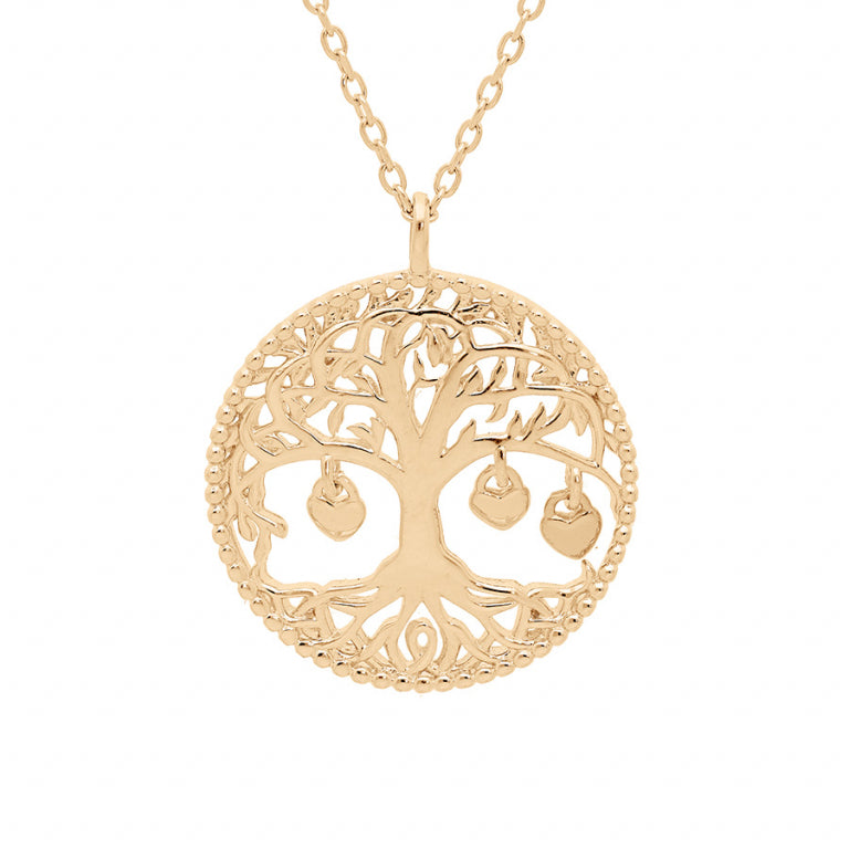 Collier mode arbre de vie avec pampilles cœurs en plaqué or