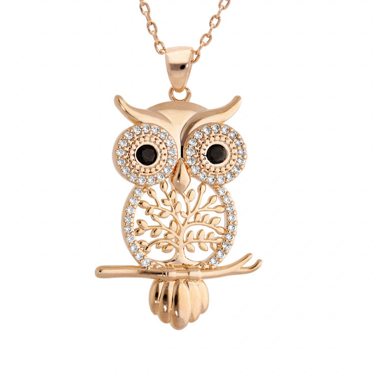 Collier mode hibou arbre de vie en plaqué or avec oxydes de zirconium blancs et yeux noirs
