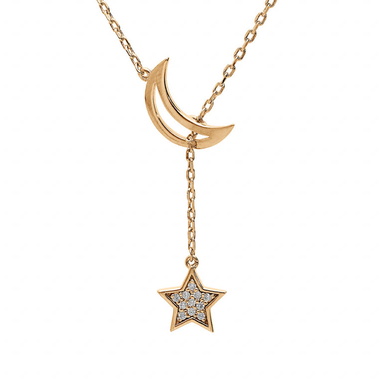 Collier mode lune évidée et étoile oxydes blancs en plaqué or