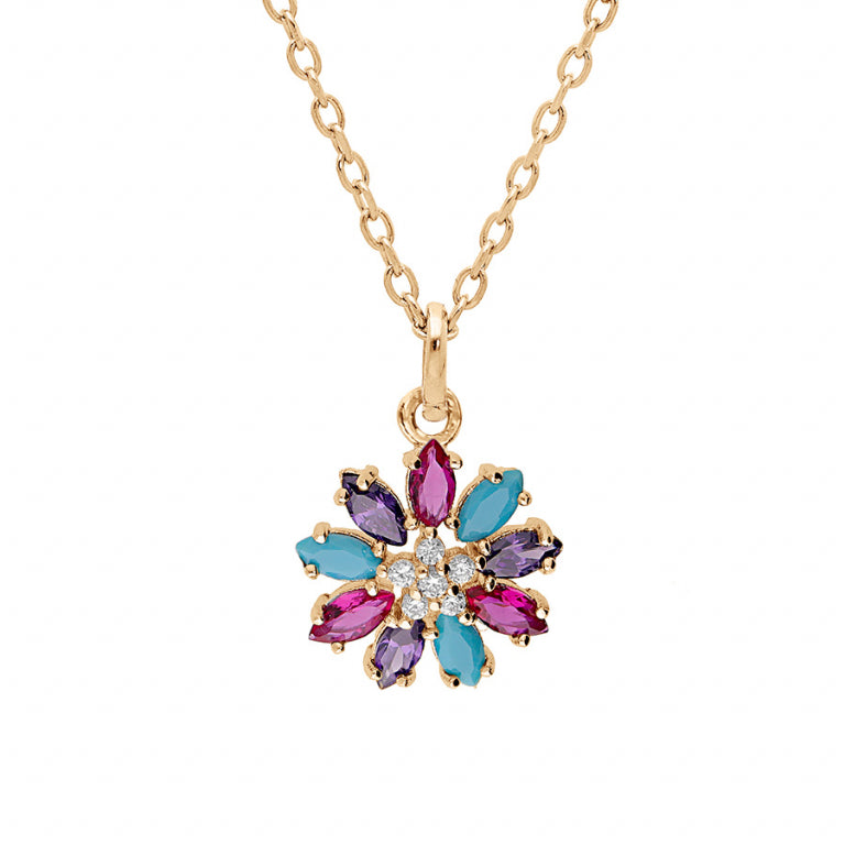 Collier mode fleur en plaqué or avec oxydes multicolores