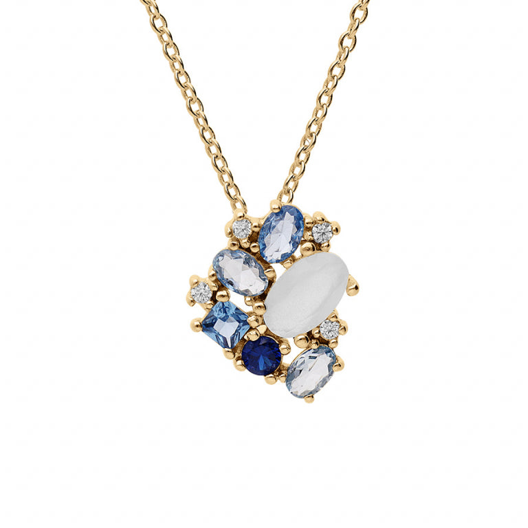 Collier mode oxydes bleus et blanc en plaqué or