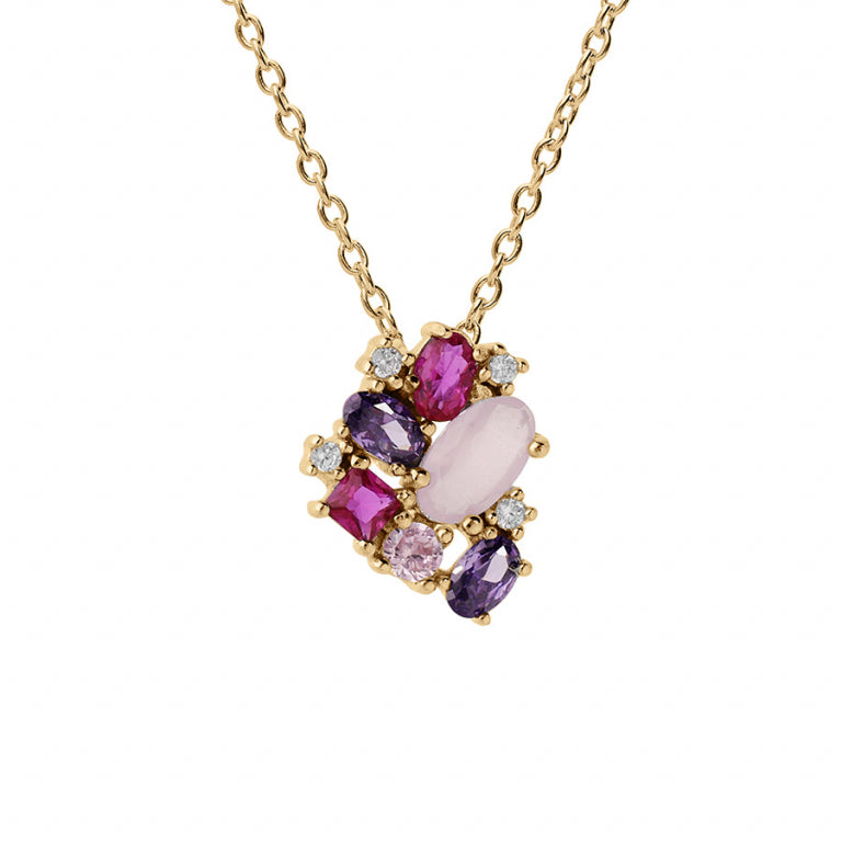 Collier mode oxydes roses et violets en plaqué or