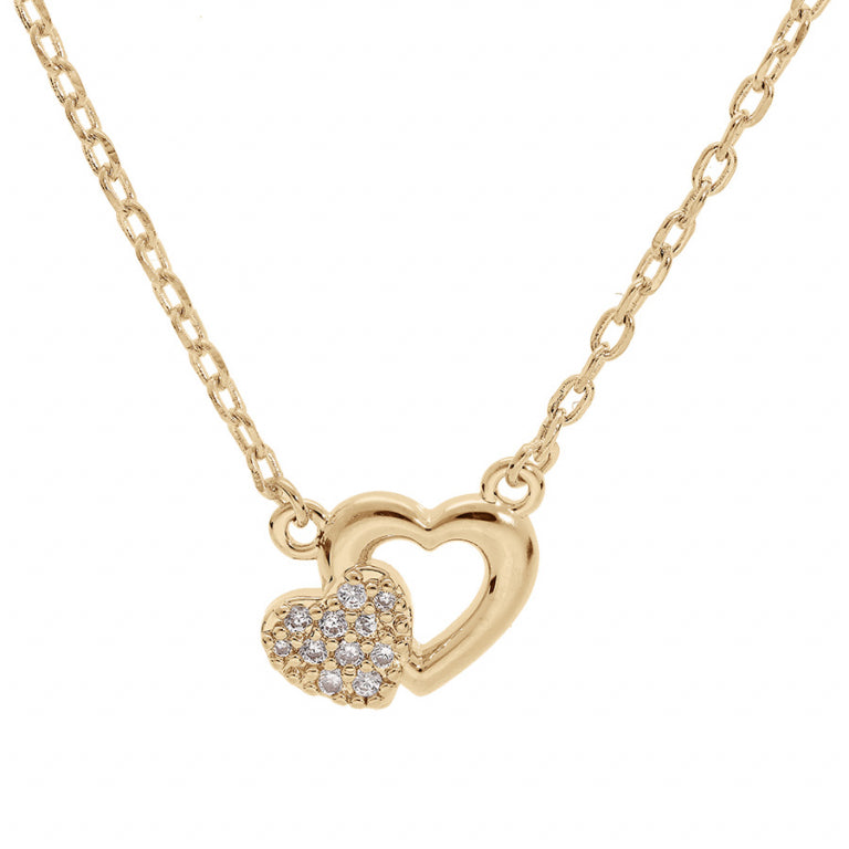 Collier mode double cœurs oxydes blancs en plaqué or