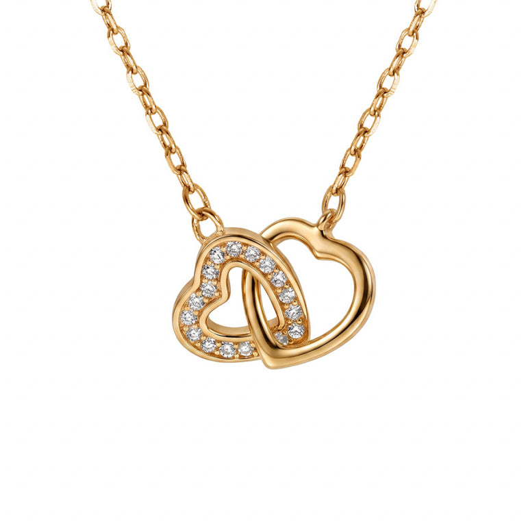 Collier mode deux cœurs entrelacés en plaqué or sertis oxydes blancs