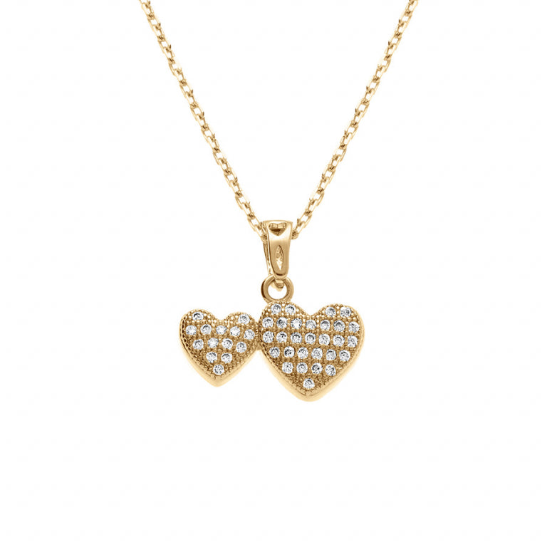 Collier mode double cœur en plaqué or serti d'oxydes blancs