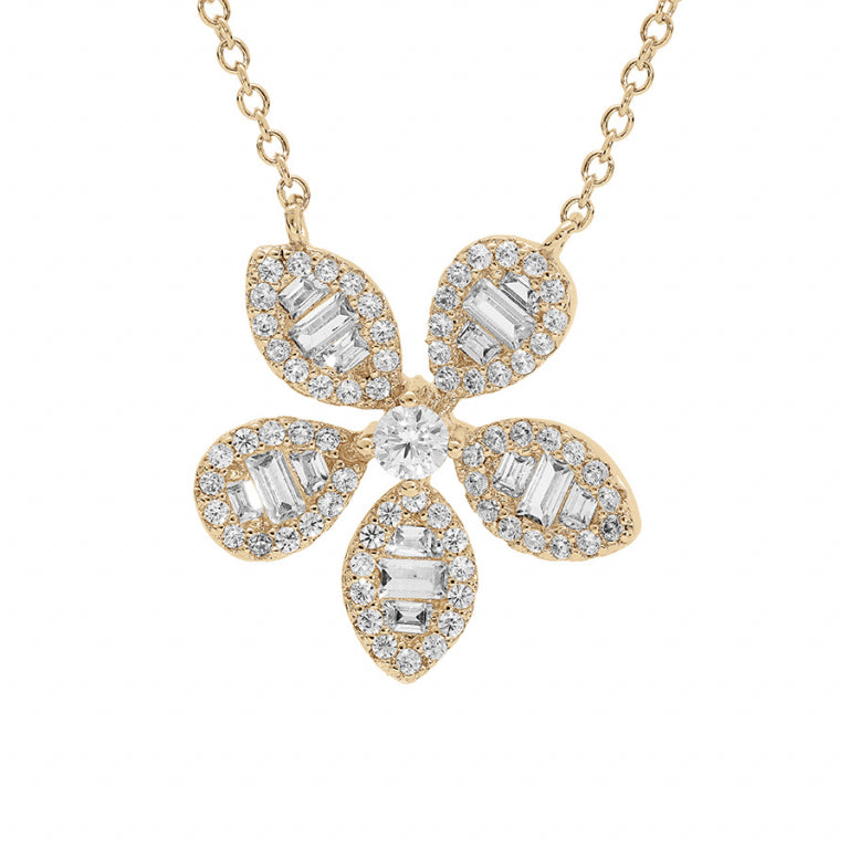 Collier mode motif fleur en plaqué or avec oxydes blancs sertis
