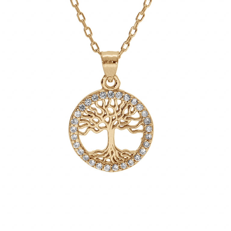 Collier mode arbre de vie en plaqué or avec oxydes de zirconium blancs sertis