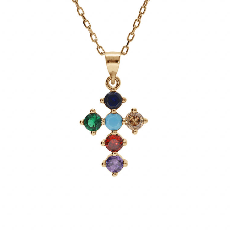 Collier croix sertie d’oxydes multicolores en plaqué or – Azuline