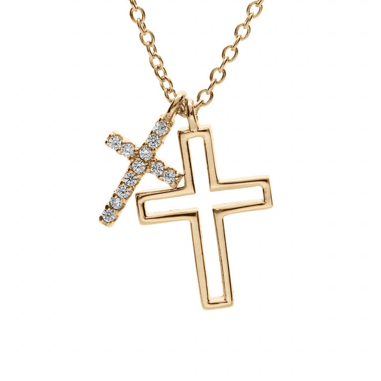 Collier mode double croix pavage oxydes blancs en plaqué or