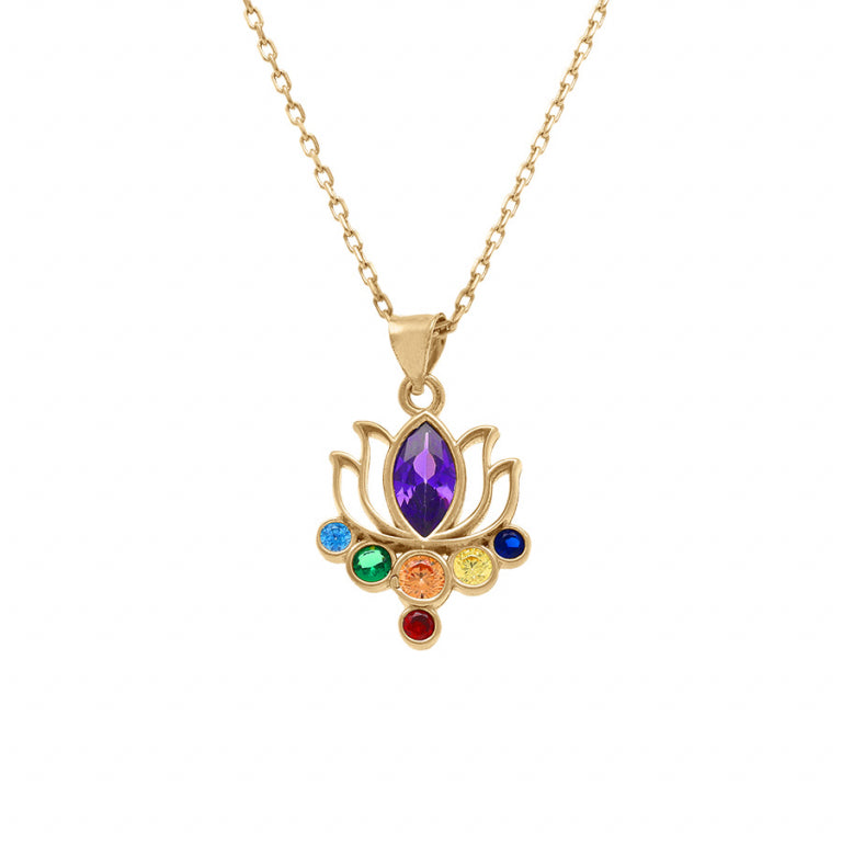 Collier mode pendentif chakra fleur en plaqué or avec oxydes multicolores
