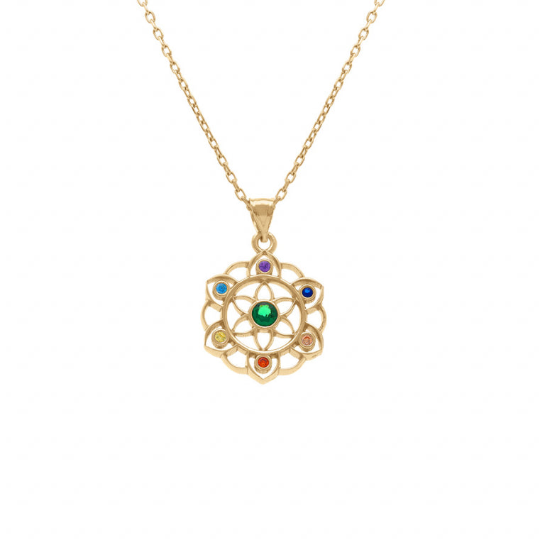 Collier mode chakra en plaqué or avec oxydes de zirconium colorés
