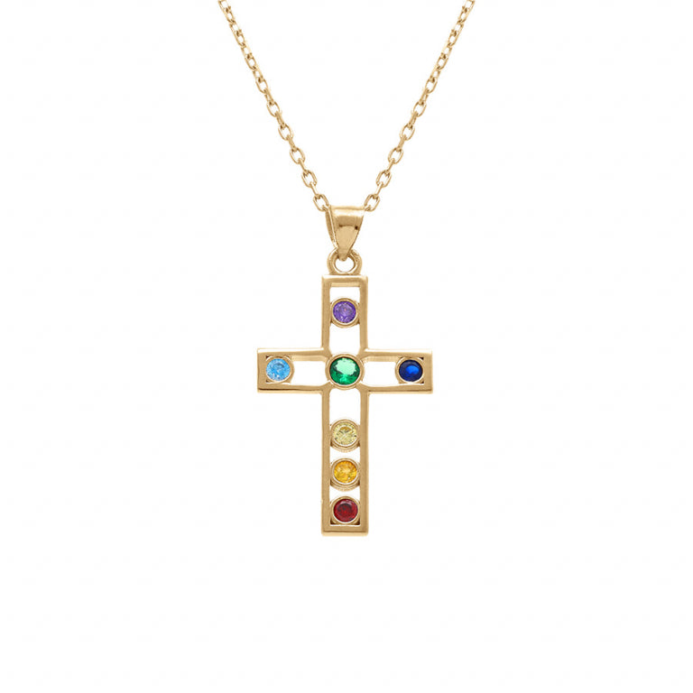 Collier mode croix en plaqué or avec oxydes multicolores