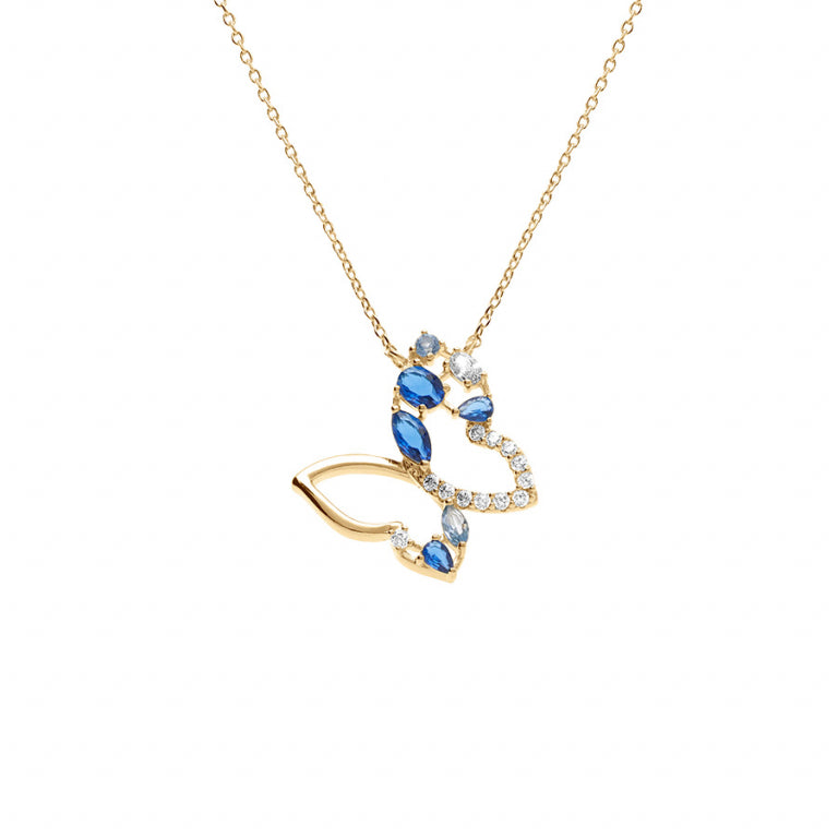 Collier mode papillon oxydes bleus et blancs en plaqué or