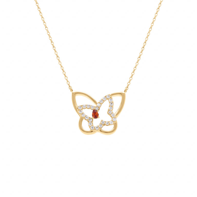 Collier motif papillon en plaqué or avec oxydes rouges et blancs